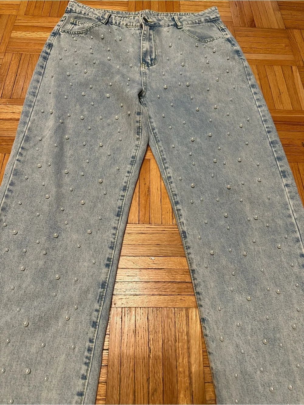 Light Blue Pearl-Studded Straight-Leg Jeans